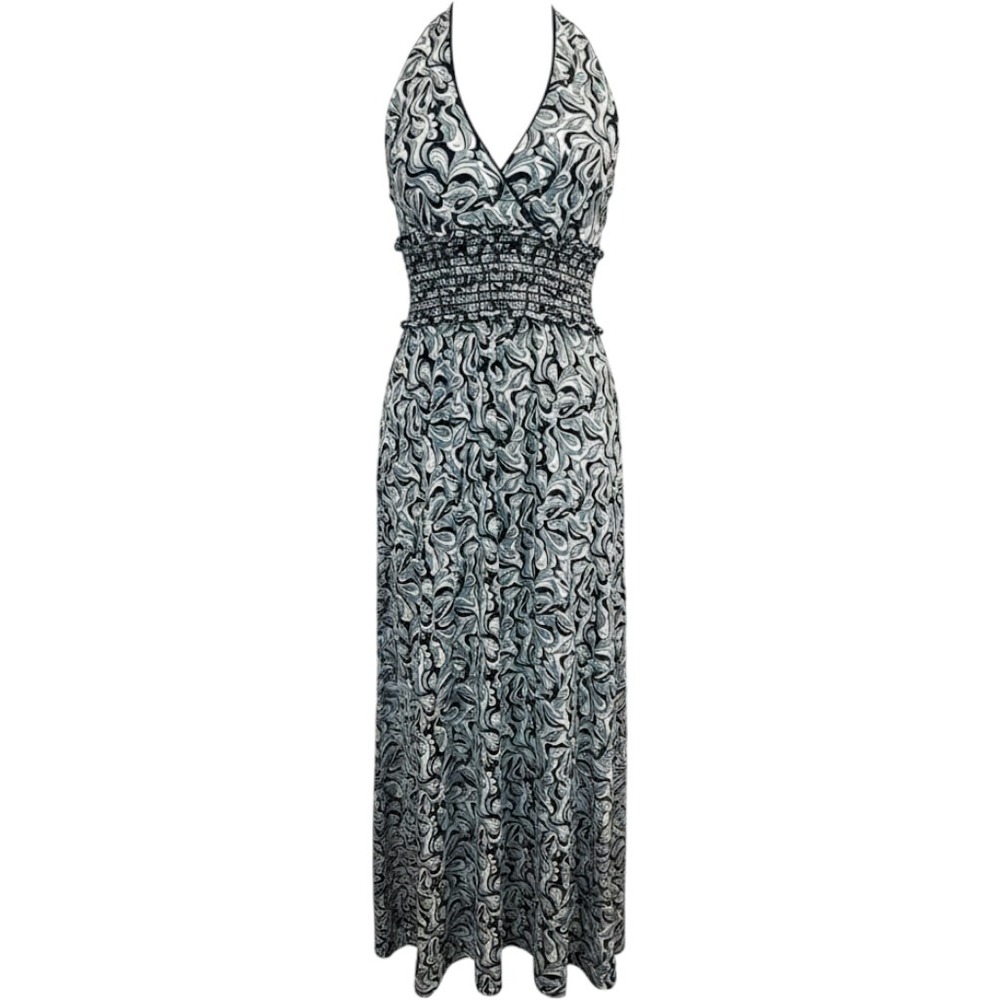Womens Large Halter Maxi Dress Psychedelic Paisley Smocked Y2K Fairy Festival